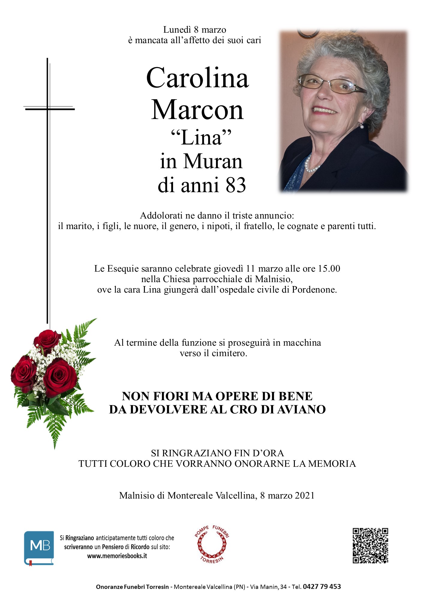 Necrologio Carolina Angelina Marcon In Muran | MemoriesBooks.it