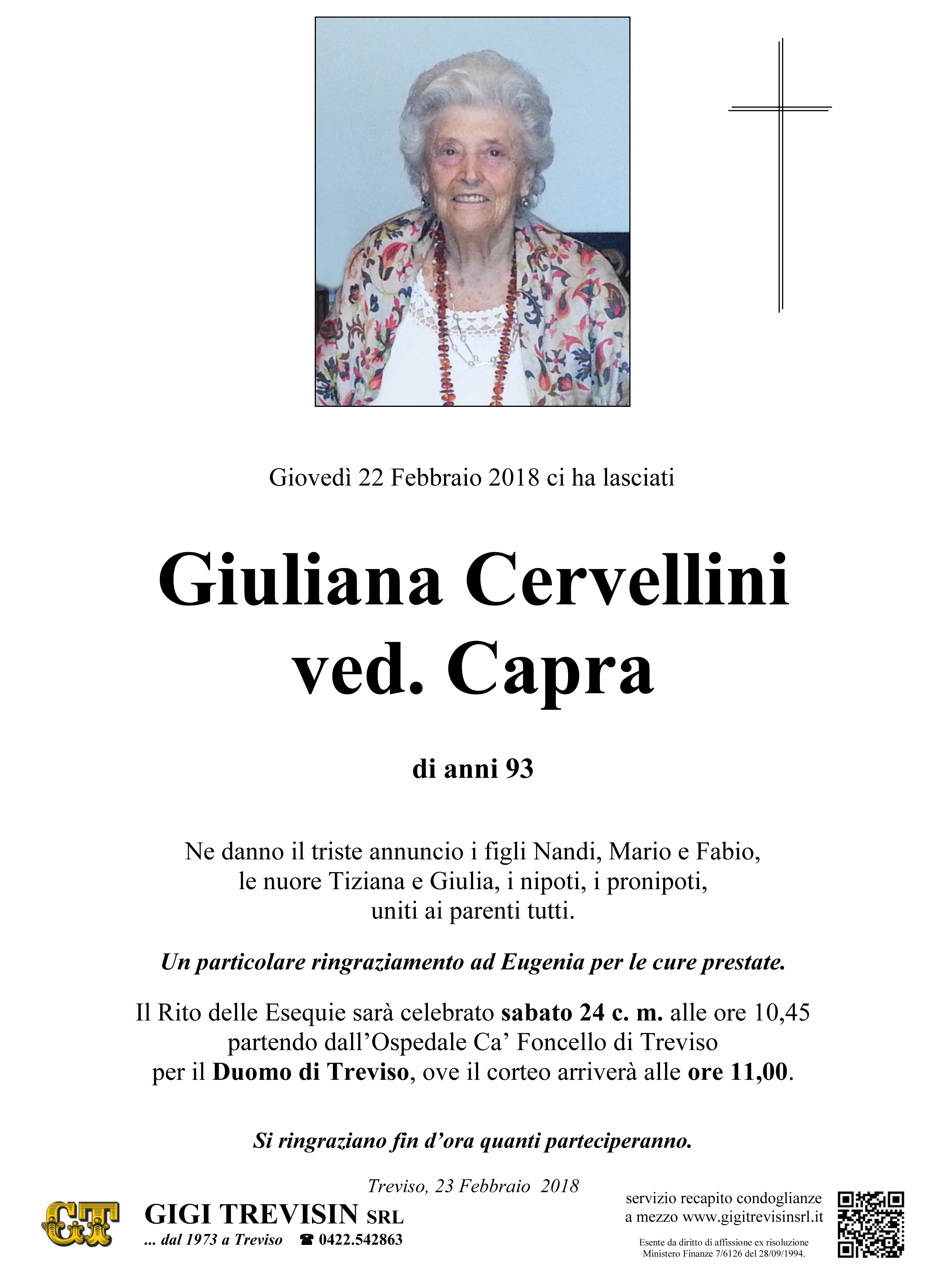 Necrologio Giuliana Cervellini Ved. Capra | MemoriesBooks.it