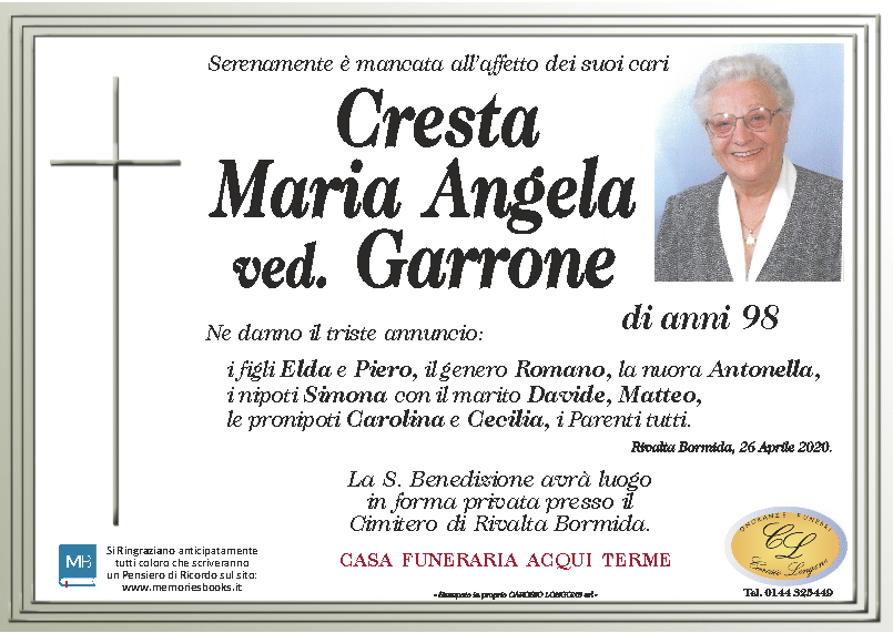 Necrologio Maria Angela Cresta ved. Garrone | Necrologi Acqui Terme e ...
