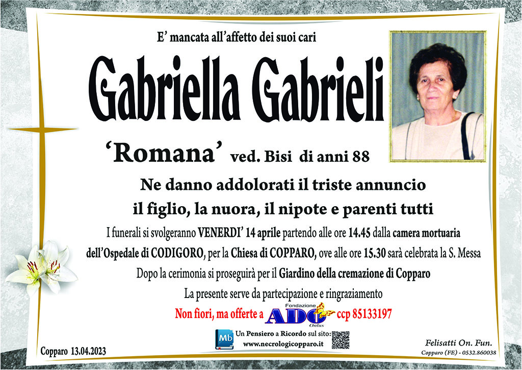 Necrologio Gabriella Gabrieli Ved. Bisi | MemoriesBooks.it
