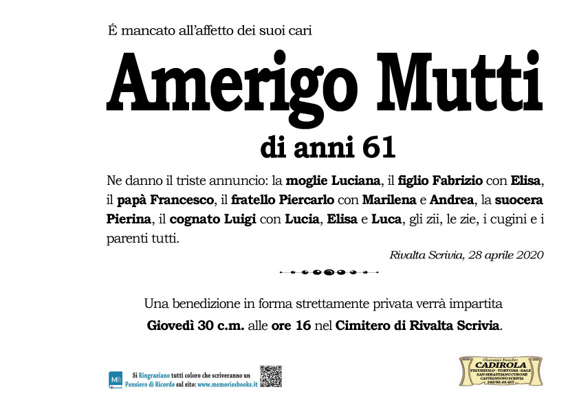 Necrologio Amerigo Mutti Memoriesbooks It