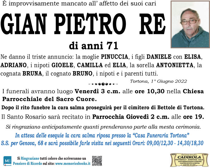 Necrologio GIAN PIETRO RE | Necrologi Tortona