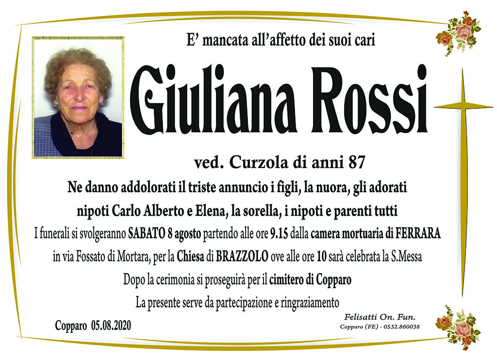 Necrologio Giuliana Rossi Ved. Curzola | MemoriesBooks.it