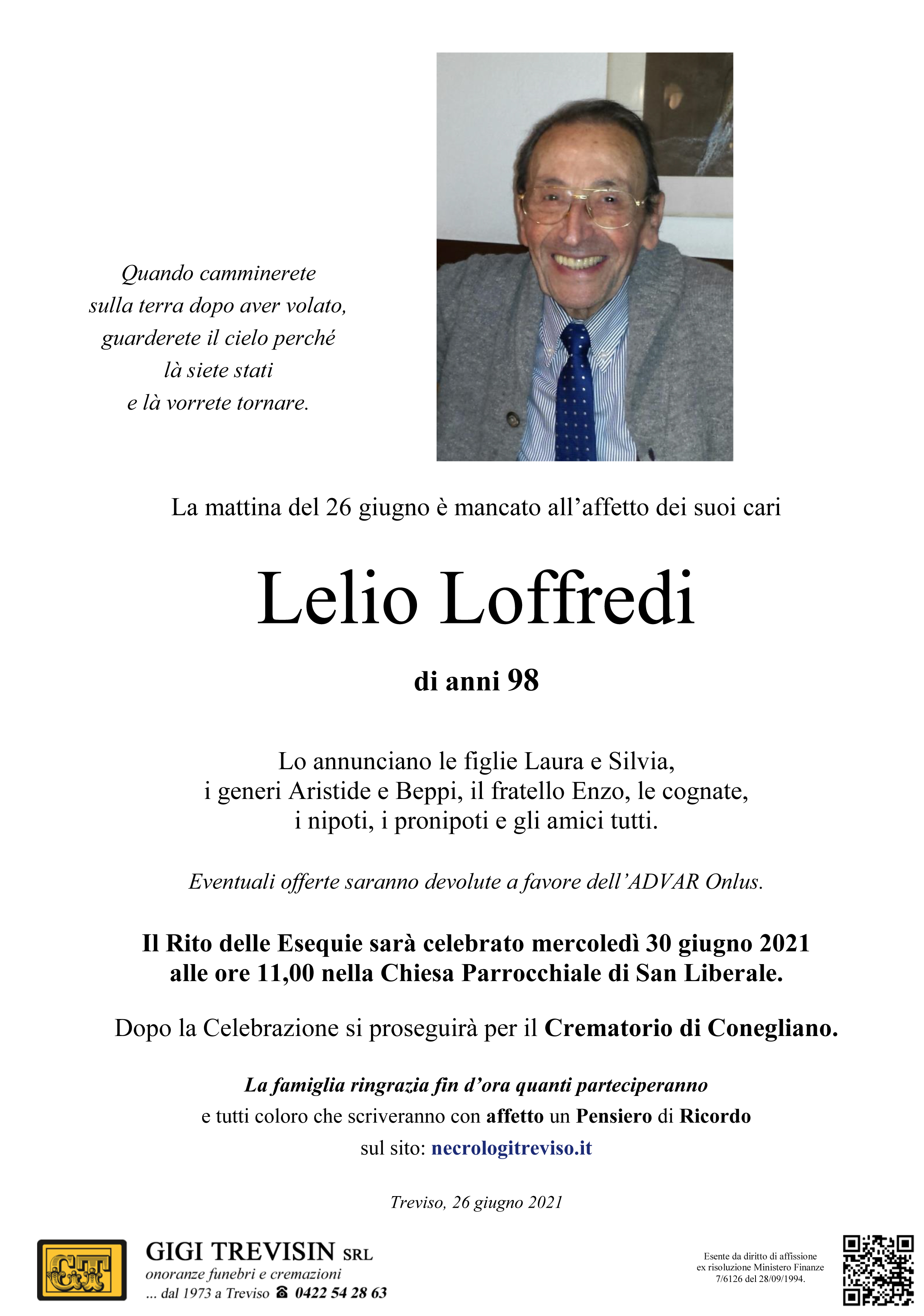 Necrologio Lelio Loffredi | Necrologi Treviso