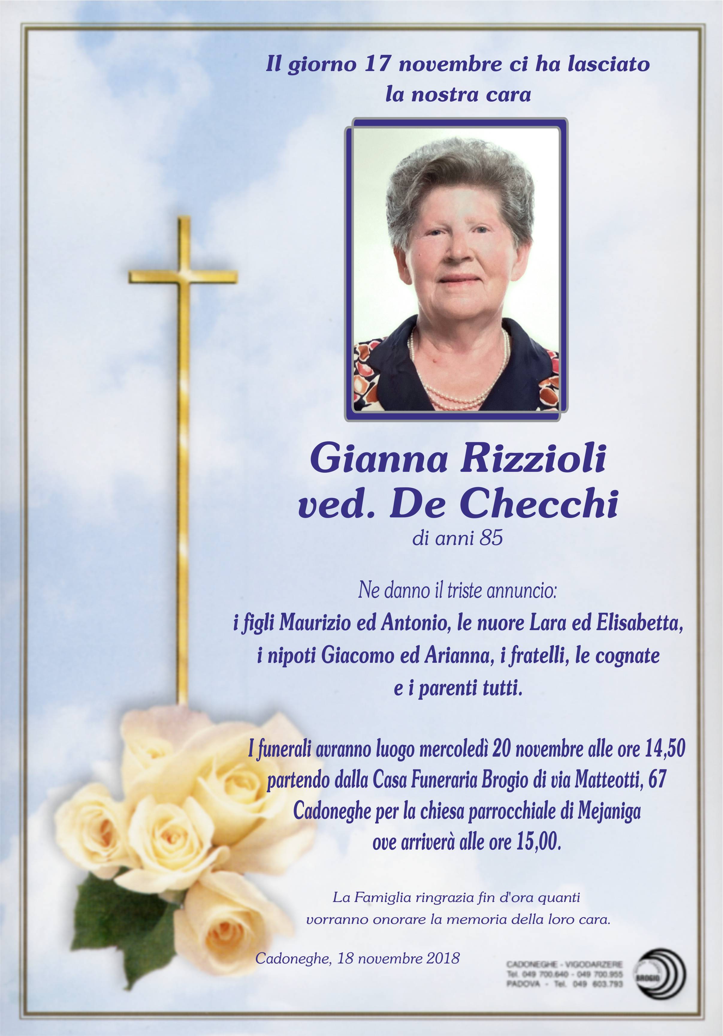 Necrologio Gianna Rizzioli ved. ved. De Checchi | Necrologi Padova